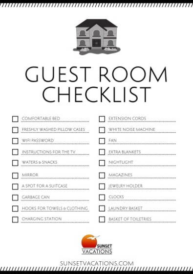 Guest Room Checklist Printable | Sunset Vacations